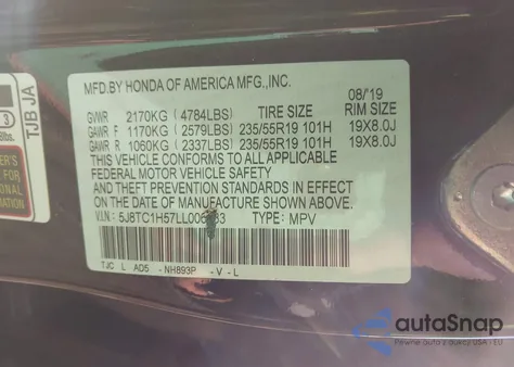 2020 Acura Rdx Technology Package from USA, damaged, VIN 5J8TC1H57LL006733
